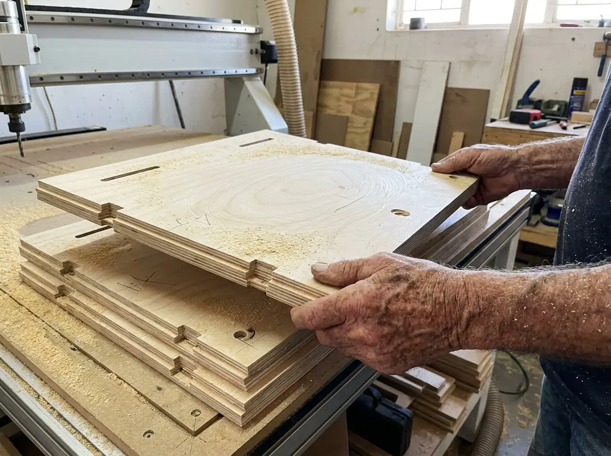 Weathered hands lifting a CNC-routed birch plywood cafe banquette frame panel from a stack of cut parts on the machine bed