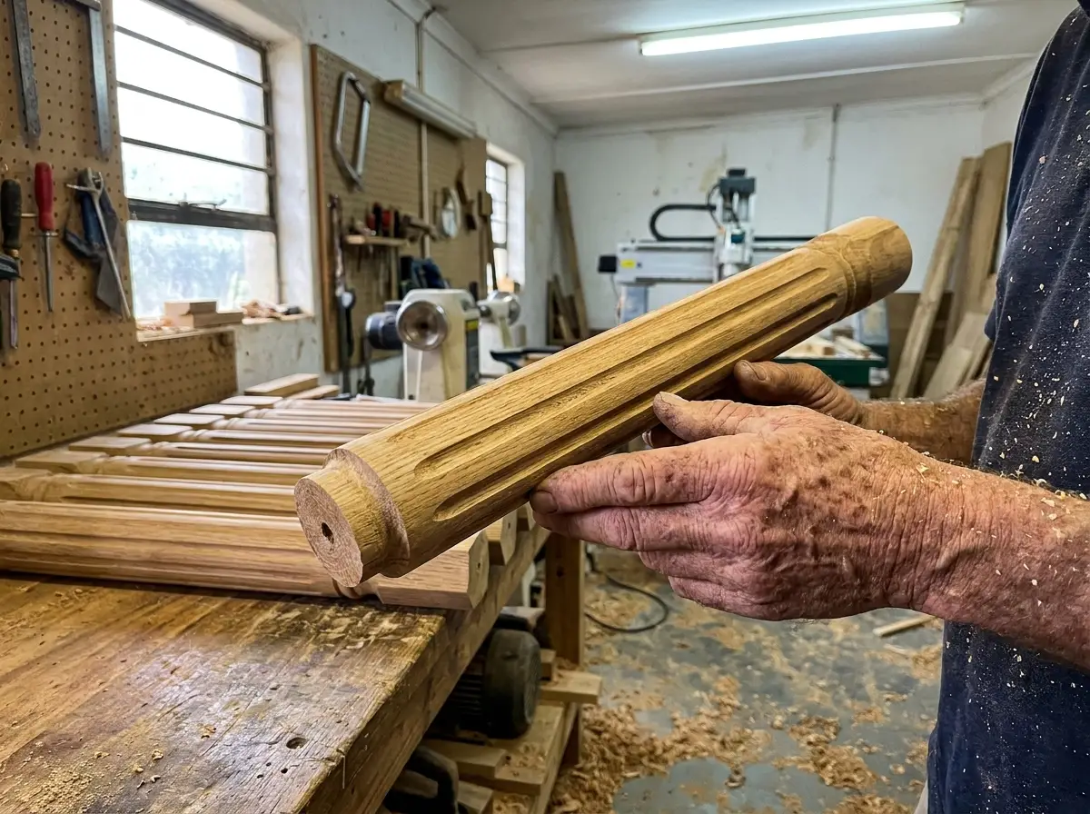 Weathered hands holding a freshly turned fluted solid-oak bar leg, a row of matching legs on the bench behind
