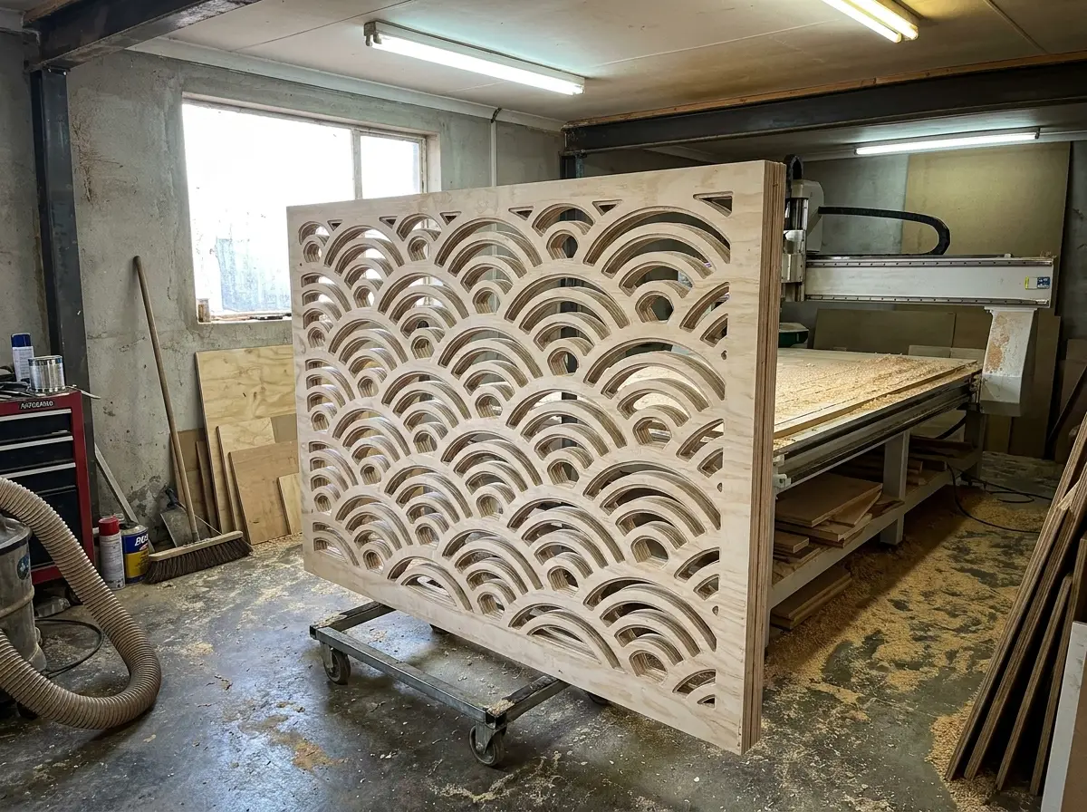 A large CNC-routed birch plywood feature screen cut with a repeating overlapping-wave pattern, propped in the workshop