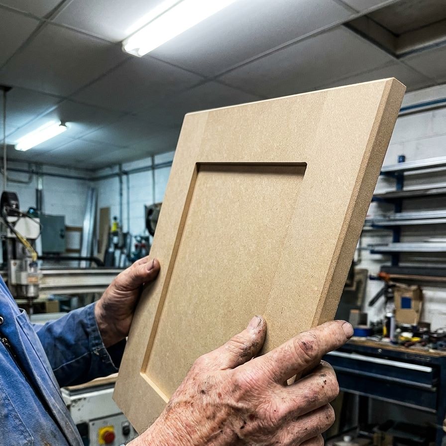 A run of CNC-routed shaker kitchen doors fresh off the bed in Malmesbury — edges sharp, hinge holes drilled