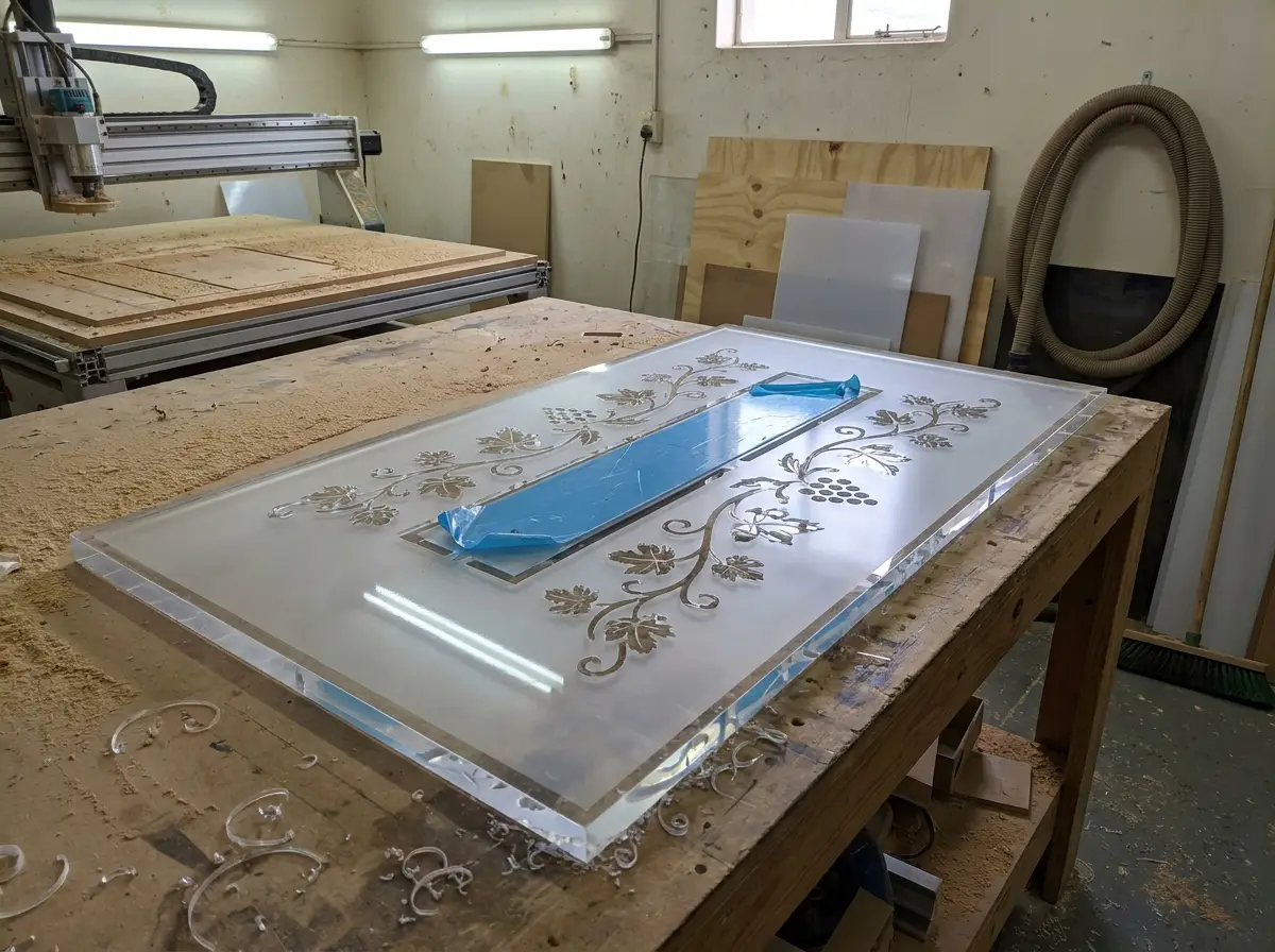 A CNC-routed clear acrylic wine estate entrance sign with an ornate vine and grape-cluster border, fresh off the machine